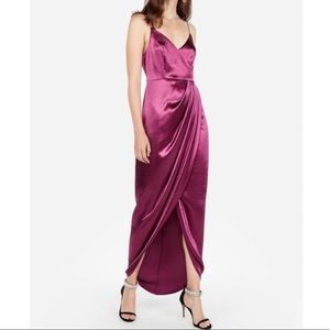 Express satin wrap dress in eggplant/purple